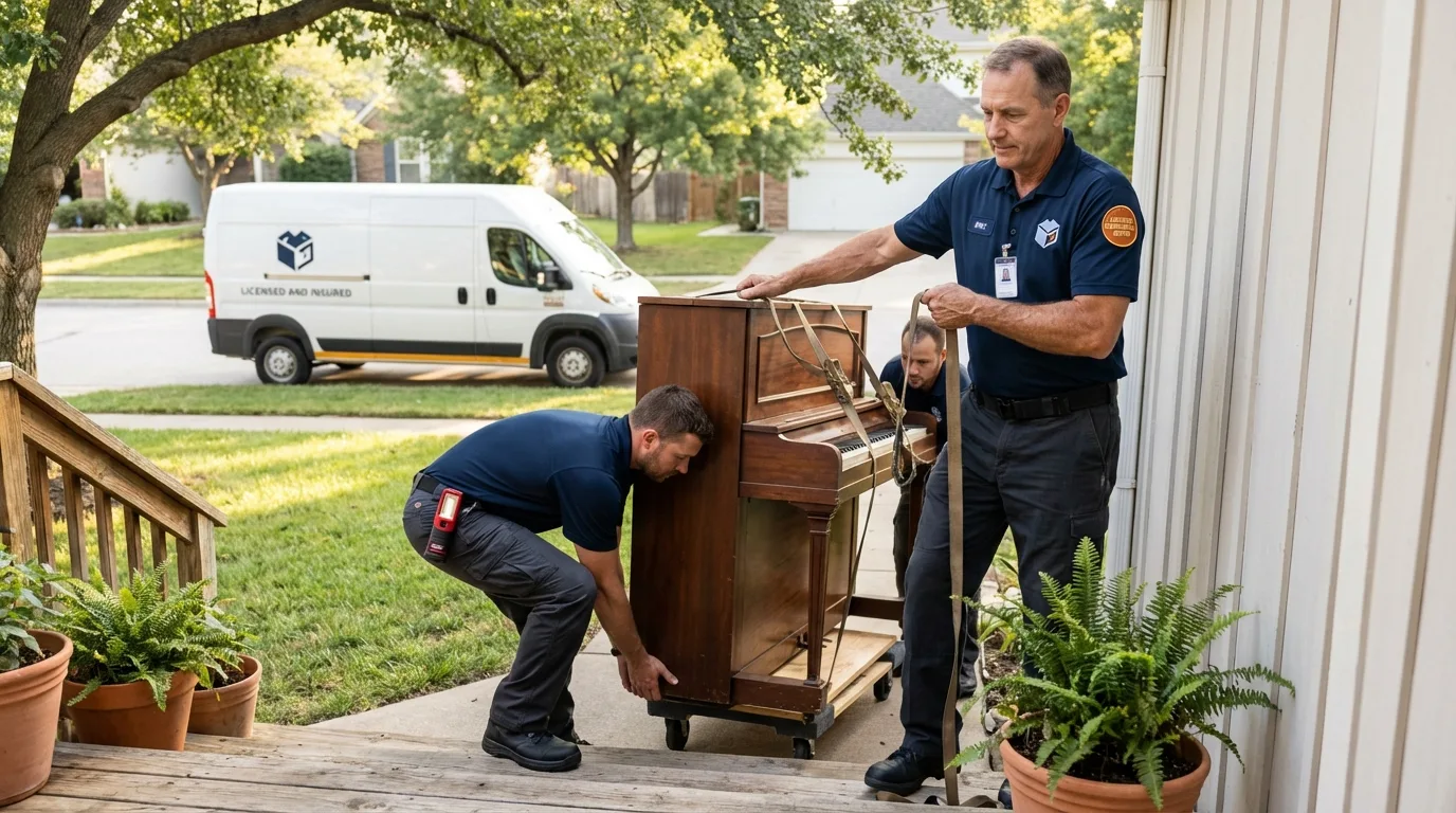Licensed piano movers securing grand piano in North Port, FL