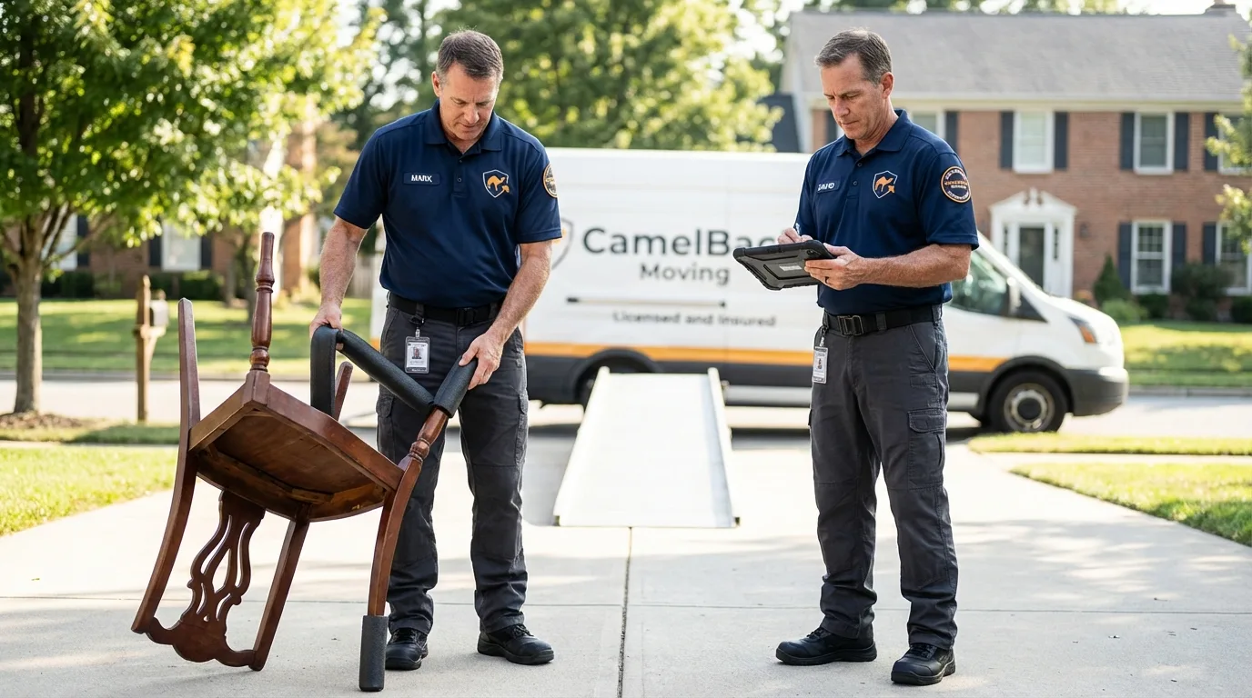 Movers inspecting furniture for damage prevention before loading in North Port, FL