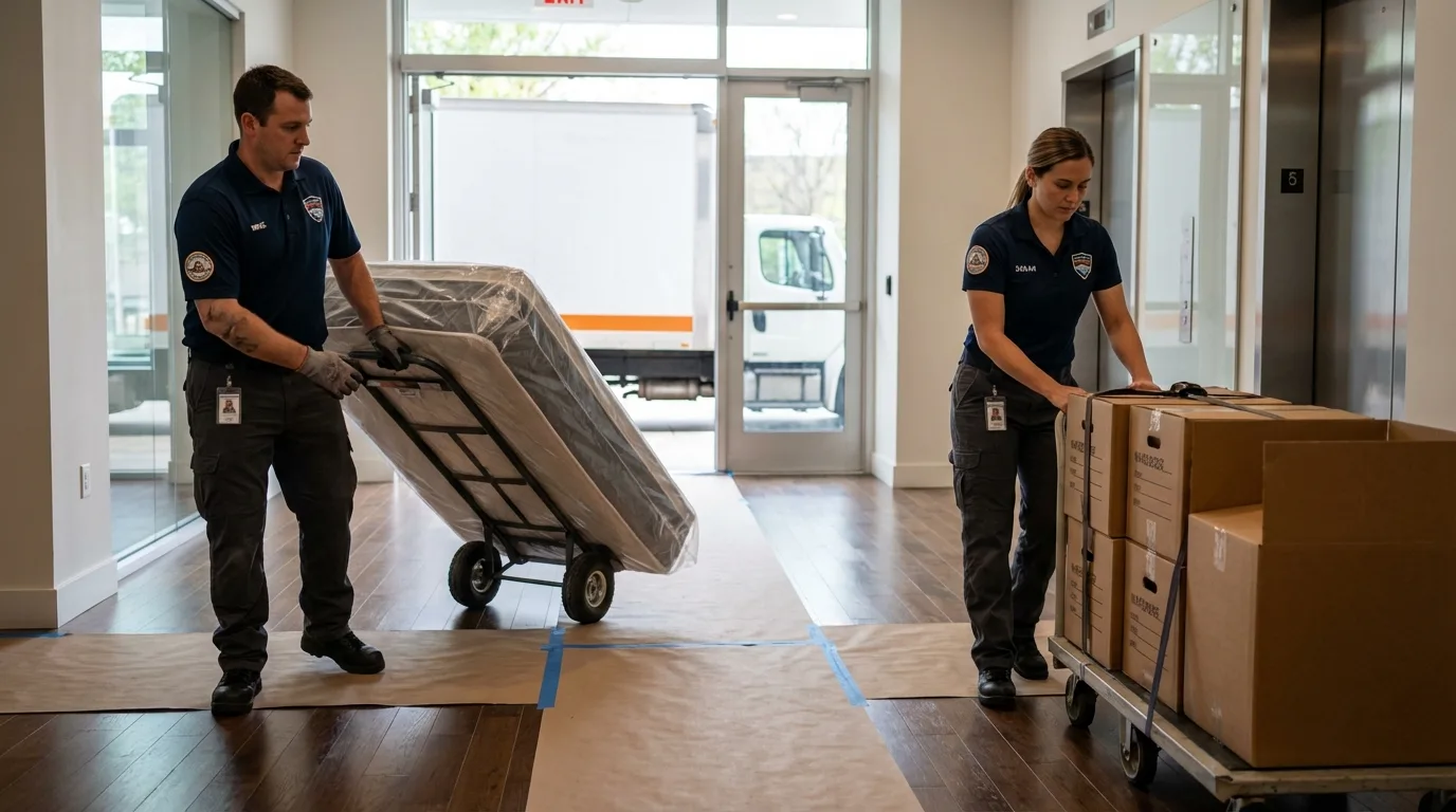 Professional apartment movers loading elevator in North Port, FL