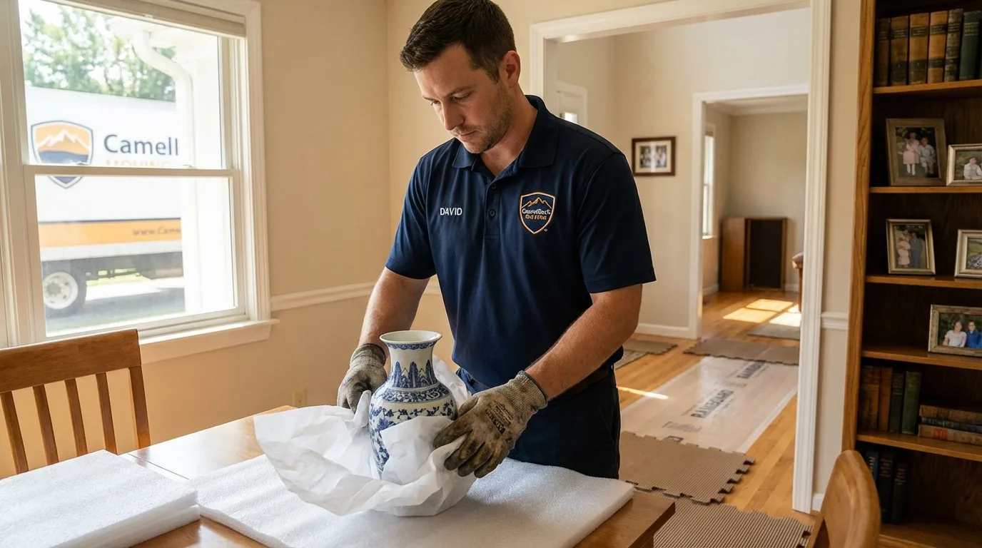 Professional crew carefully wrapping antique vase for senior downsizing move in North Port, FL